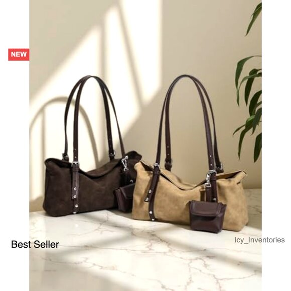 Vintage Faux Suede Shoulder Bag Convertible Crossbody Lightweight Boston Style - Picture 3 of 7